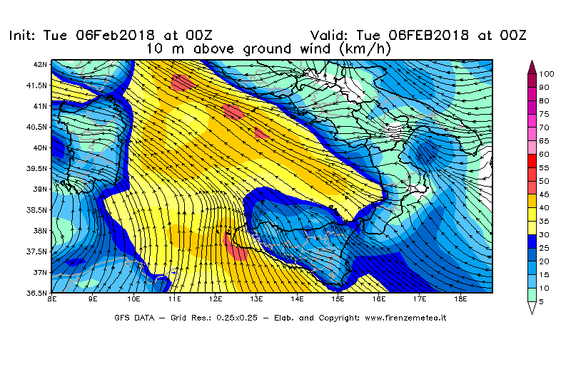 Mappa di analisi GFS - Velocità del vento a 10 metri dal suolo [km/h] in Sud-Italia
									del 06/02/2018 00 <!--googleoff: index-->UTC<!--googleon: index-->