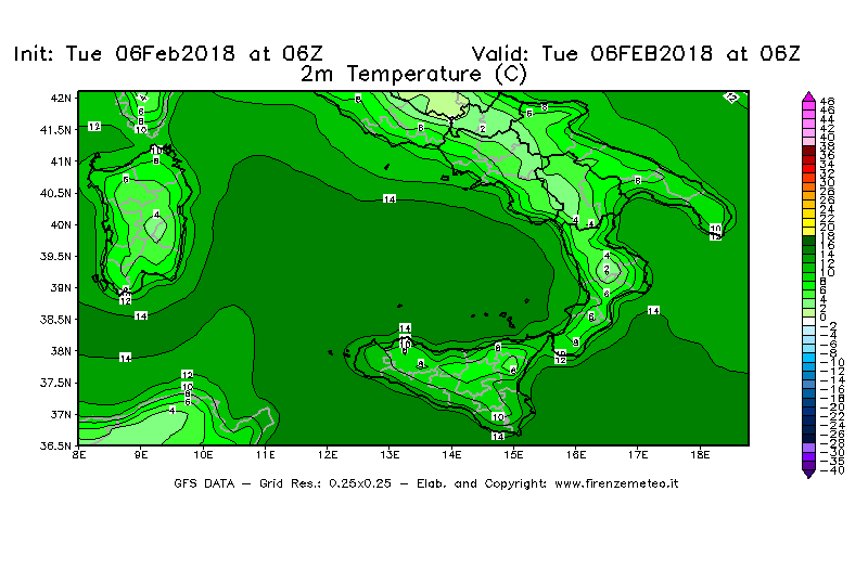 Mappa di analisi GFS - Temperatura a 2 metri dal suolo [°C] in Sud-Italia
							del 06/02/2018 06 <!--googleoff: index-->UTC<!--googleon: index-->