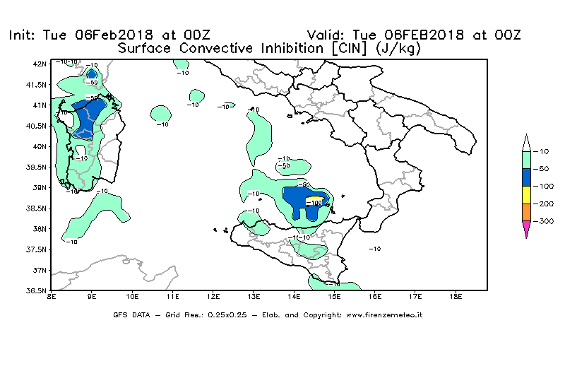 Mappa di analisi GFS - CIN [J/kg] in Sud-Italia
									del 06/02/2018 00 <!--googleoff: index-->UTC<!--googleon: index-->