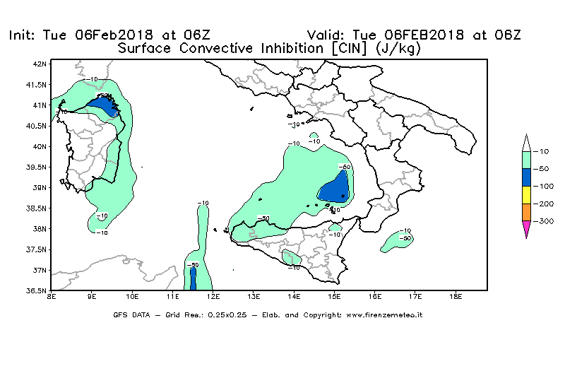 Mappa di analisi GFS - CIN [J/kg] in Sud-Italia
									del 06/02/2018 06 <!--googleoff: index-->UTC<!--googleon: index-->