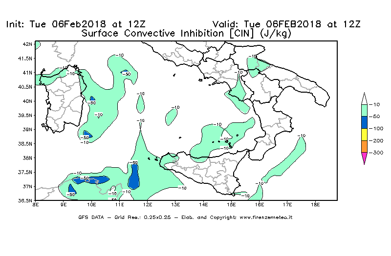 Mappa di analisi GFS - CIN [J/kg] in Sud-Italia
									del 06/02/2018 12 <!--googleoff: index-->UTC<!--googleon: index-->