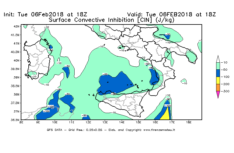 Mappa di analisi GFS - CIN [J/kg] in Sud-Italia
									del 06/02/2018 18 <!--googleoff: index-->UTC<!--googleon: index-->