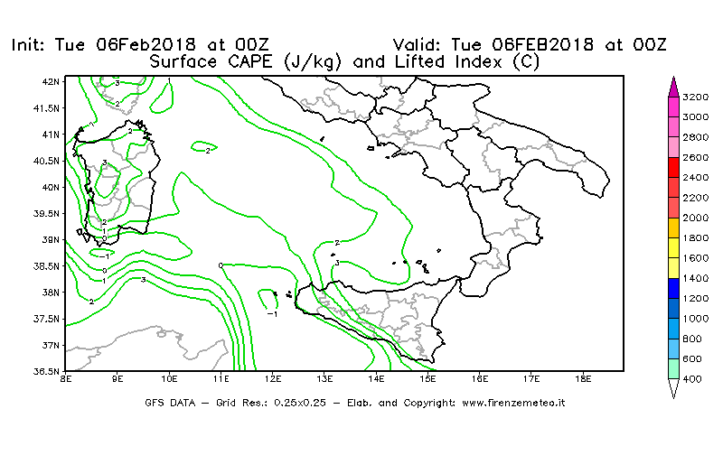 Mappa di analisi GFS - CAPE [J/kg] e Lifted Index [°C] in Sud-Italia
									del 06/02/2018 00 <!--googleoff: index-->UTC<!--googleon: index-->