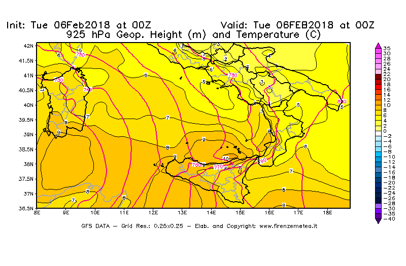 Mappa di analisi GFS - Geopotenziale [m] e Temperatura [°C] a 925 hPa in Sud-Italia
									del 06/02/2018 00 <!--googleoff: index-->UTC<!--googleon: index-->