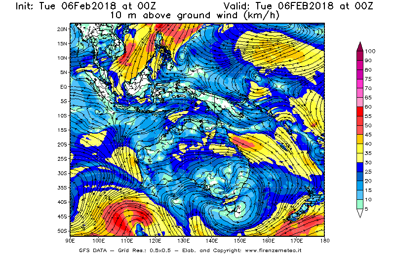 Mappa di analisi GFS - Velocità del vento a 10 metri dal suolo [km/h] in Oceania
							del 06/02/2018 00 <!--googleoff: index-->UTC<!--googleon: index-->
