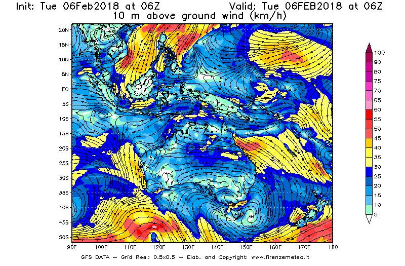 Mappa di analisi GFS - Velocità del vento a 10 metri dal suolo [km/h] in Oceania
									del 06/02/2018 06 <!--googleoff: index-->UTC<!--googleon: index-->