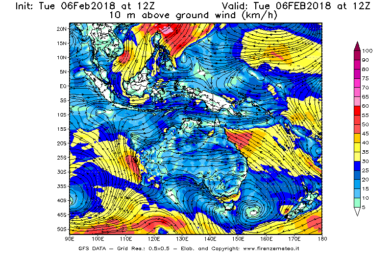 Mappa di analisi GFS - Velocità del vento a 10 metri dal suolo [km/h] in Oceania
							del 06/02/2018 12 <!--googleoff: index-->UTC<!--googleon: index-->