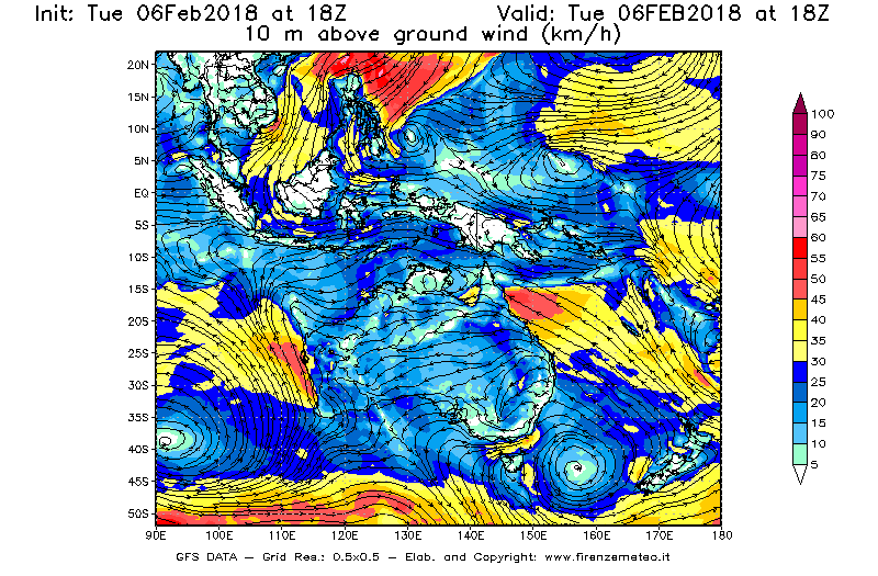 Mappa di analisi GFS - Velocità del vento a 10 metri dal suolo [km/h] in Oceania
							del 06/02/2018 18 <!--googleoff: index-->UTC<!--googleon: index-->