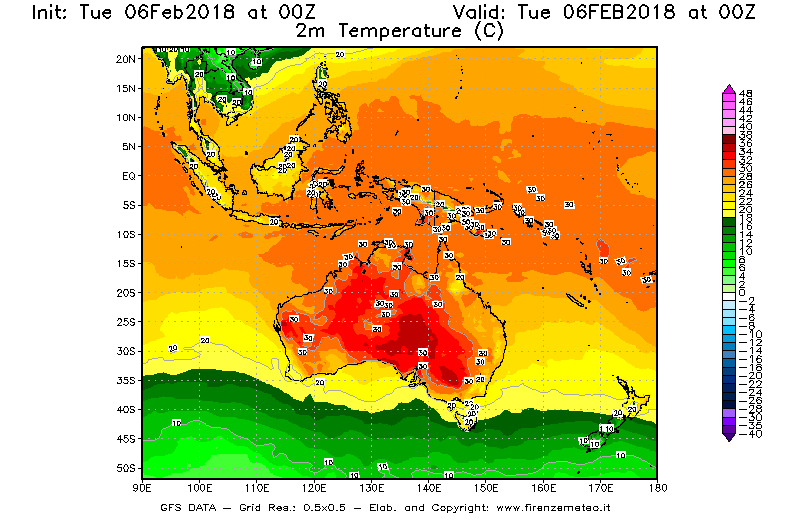 Mappa di analisi GFS - Temperatura a 2 metri dal suolo [°C] in Oceania
							del 06/02/2018 00 <!--googleoff: index-->UTC<!--googleon: index-->