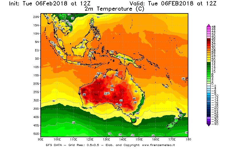 Mappa di analisi GFS - Temperatura a 2 metri dal suolo [°C] in Oceania
									del 06/02/2018 12 <!--googleoff: index-->UTC<!--googleon: index-->