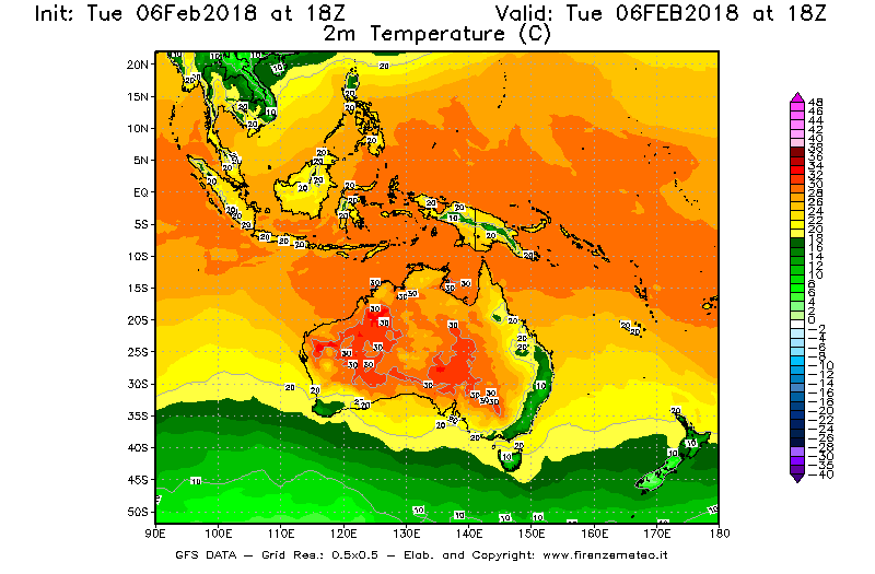 Mappa di analisi GFS - Temperatura a 2 metri dal suolo [°C] in Oceania
							del 06/02/2018 18 <!--googleoff: index-->UTC<!--googleon: index-->