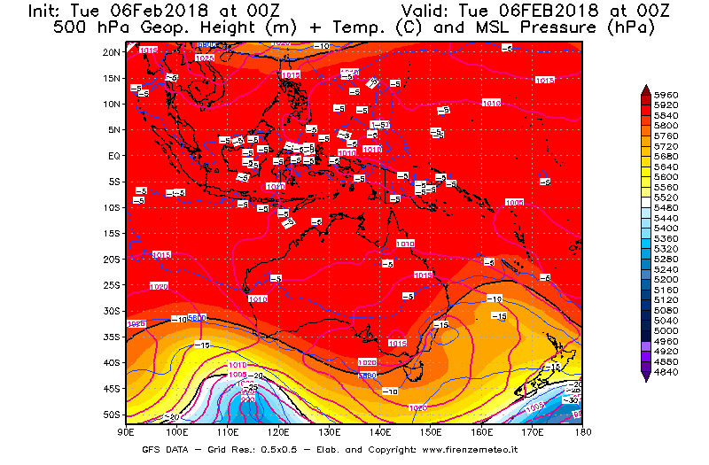 Mappa di analisi GFS - Geopotenziale [m] + Temp. [°C] a 500 hPa + Press. a livello del mare [hPa] in Oceania
							del 06/02/2018 00 <!--googleoff: index-->UTC<!--googleon: index-->