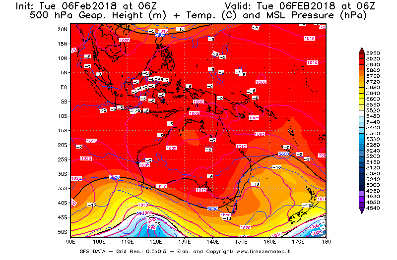 Mappa di analisi GFS - Geopotenziale [m] + Temp. [°C] a 500 hPa + Press. a livello del mare [hPa] in Oceania
							del 06/02/2018 06 <!--googleoff: index-->UTC<!--googleon: index-->