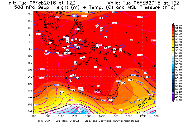 Mappa di analisi GFS - Geopotenziale [m] + Temp. [°C] a 500 hPa + Press. a livello del mare [hPa] in Oceania
									del 06/02/2018 12 <!--googleoff: index-->UTC<!--googleon: index-->