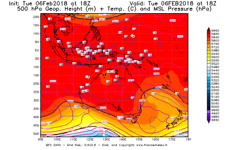 Mappa di analisi GFS - Geopotenziale [m] + Temp. [°C] a 500 hPa + Press. a livello del mare [hPa] in Oceania
									del 06/02/2018 18 <!--googleoff: index-->UTC<!--googleon: index-->