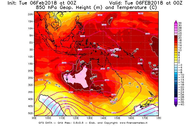 Mappa di analisi GFS - Geopotenziale [m] e Temperatura [°C] a 850 hPa in Oceania
									del 06/02/2018 00 <!--googleoff: index-->UTC<!--googleon: index-->