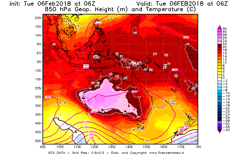 Mappa di analisi GFS - Geopotenziale [m] e Temperatura [°C] a 850 hPa in Oceania
							del 06/02/2018 06 <!--googleoff: index-->UTC<!--googleon: index-->