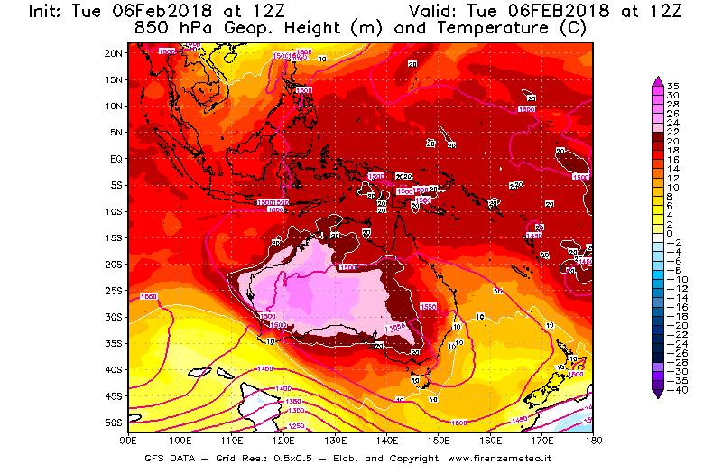 Mappa di analisi GFS - Geopotenziale [m] e Temperatura [°C] a 850 hPa in Oceania
							del 06/02/2018 12 <!--googleoff: index-->UTC<!--googleon: index-->