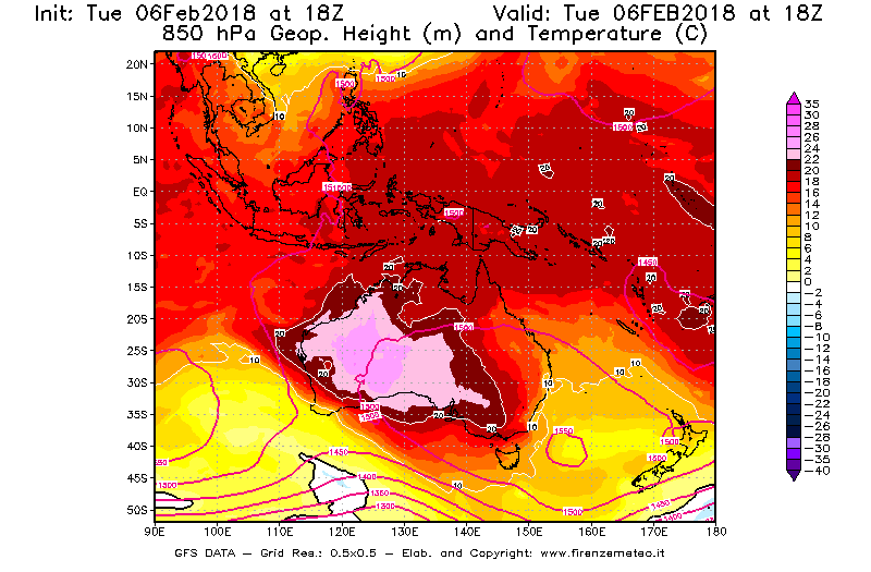 Mappa di analisi GFS - Geopotenziale [m] e Temperatura [°C] a 850 hPa in Oceania
									del 06/02/2018 18 <!--googleoff: index-->UTC<!--googleon: index-->