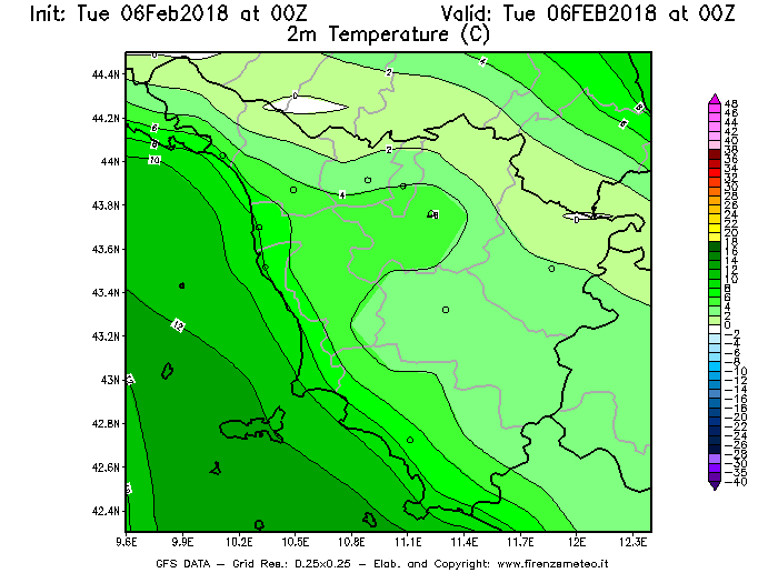 Mappa di analisi GFS - Temperatura a 2 metri dal suolo [°C] in Toscana
							del 06/02/2018 00 <!--googleoff: index-->UTC<!--googleon: index-->