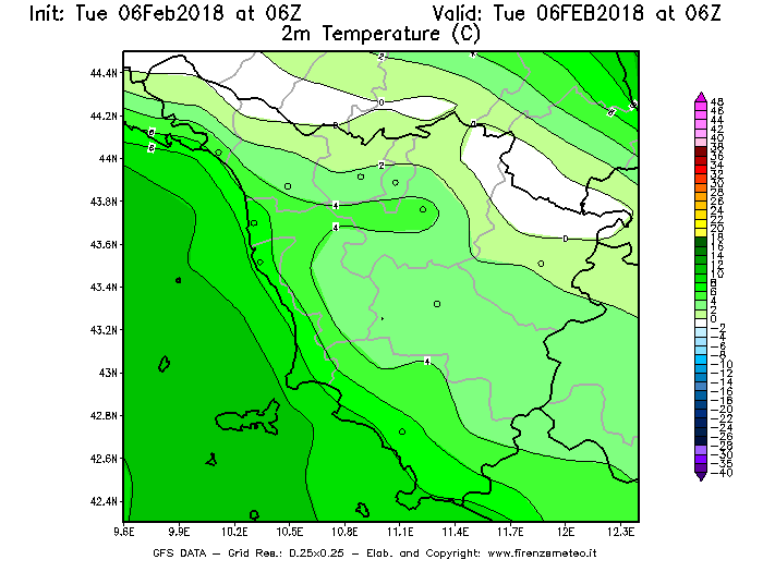 Mappa di analisi GFS - Temperatura a 2 metri dal suolo [°C] in Toscana
									del 06/02/2018 06 <!--googleoff: index-->UTC<!--googleon: index-->