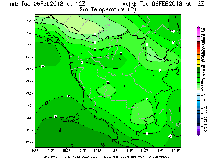 Mappa di analisi GFS - Temperatura a 2 metri dal suolo [°C] in Toscana
							del 06/02/2018 12 <!--googleoff: index-->UTC<!--googleon: index-->