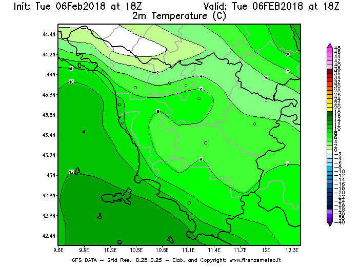 Mappa di analisi GFS - Temperatura a 2 metri dal suolo [°C] in Toscana
							del 06/02/2018 18 <!--googleoff: index-->UTC<!--googleon: index-->