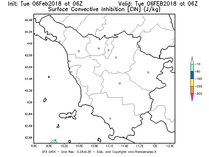 Mappa di analisi GFS - CIN [J/kg] in Toscana
							del 06/02/2018 06 <!--googleoff: index-->UTC<!--googleon: index-->