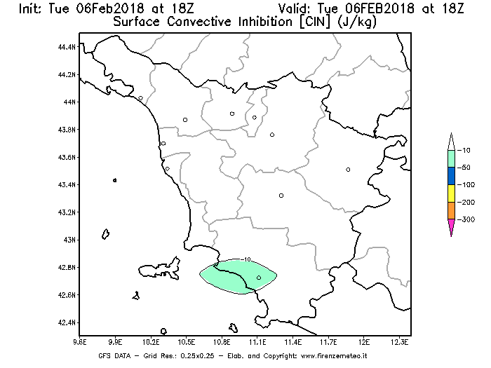 Mappa di analisi GFS - CIN [J/kg] in Toscana
							del 06/02/2018 18 <!--googleoff: index-->UTC<!--googleon: index-->