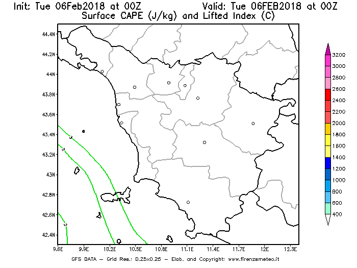 Mappa di analisi GFS - CAPE [J/kg] e Lifted Index [°C] in Toscana
							del 06/02/2018 00 <!--googleoff: index-->UTC<!--googleon: index-->