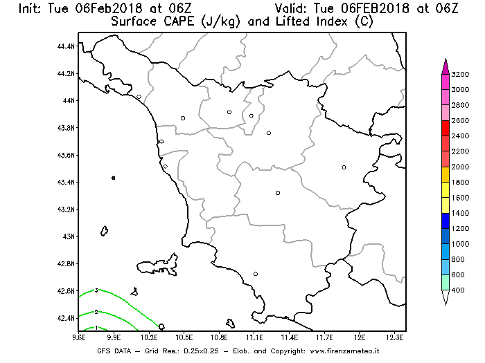 Mappa di analisi GFS - CAPE [J/kg] e Lifted Index [°C] in Toscana
									del 06/02/2018 06 <!--googleoff: index-->UTC<!--googleon: index-->