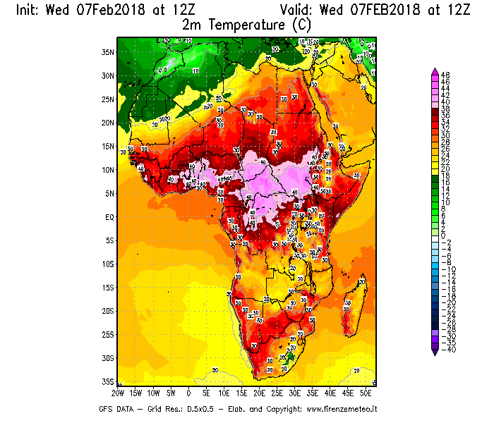 Mappa di analisi GFS - Temperatura a 2 metri dal suolo [°C] in Africa
							del 07/02/2018 12 <!--googleoff: index-->UTC<!--googleon: index-->
