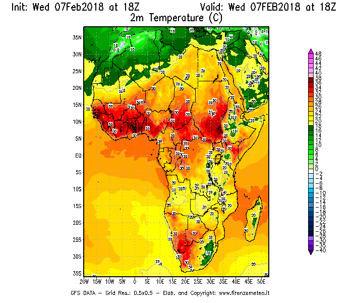 Mappa di analisi GFS - Temperatura a 2 metri dal suolo [°C] in Africa
							del 07/02/2018 18 <!--googleoff: index-->UTC<!--googleon: index-->