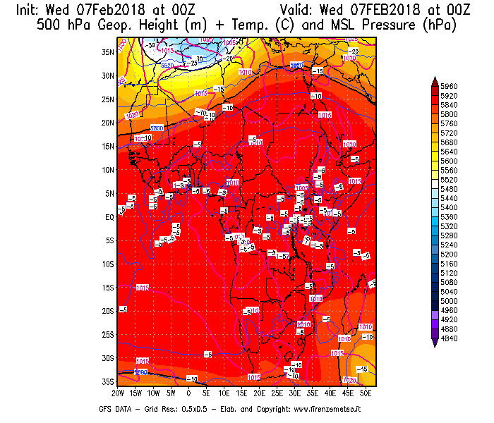 Mappa di analisi GFS - Geopotenziale [m] + Temp. [°C] a 500 hPa + Press. a livello del mare [hPa] in Africa
							del 07/02/2018 00 <!--googleoff: index-->UTC<!--googleon: index-->