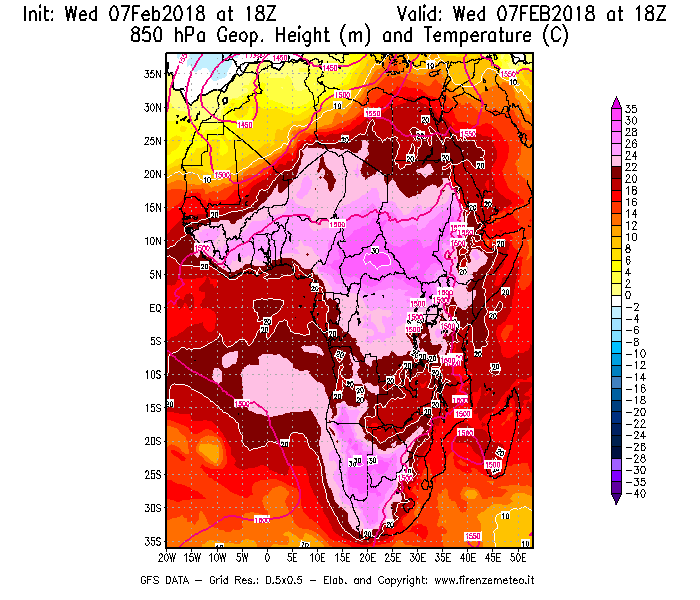 Mappa di analisi GFS - Geopotenziale [m] e Temperatura [°C] a 850 hPa in Africa
							del 07/02/2018 18 <!--googleoff: index-->UTC<!--googleon: index-->