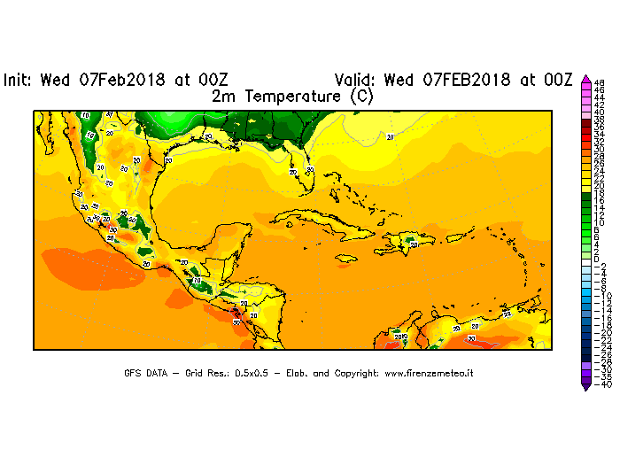 Mappa di analisi GFS - Temperatura a 2 metri dal suolo [°C] in Centro-America
							del 07/02/2018 00 <!--googleoff: index-->UTC<!--googleon: index-->