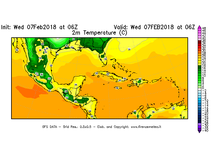 Mappa di analisi GFS - Temperatura a 2 metri dal suolo [°C] in Centro-America
							del 07/02/2018 06 <!--googleoff: index-->UTC<!--googleon: index-->