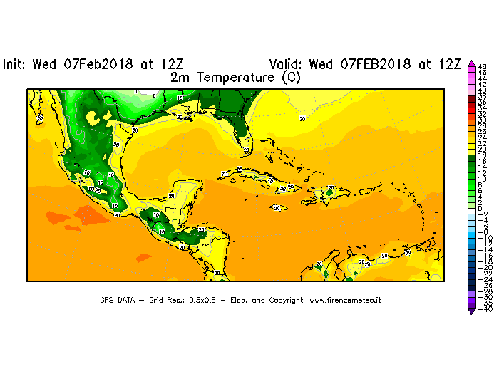 Mappa di analisi GFS - Temperatura a 2 metri dal suolo [°C] in Centro-America
							del 07/02/2018 12 <!--googleoff: index-->UTC<!--googleon: index-->