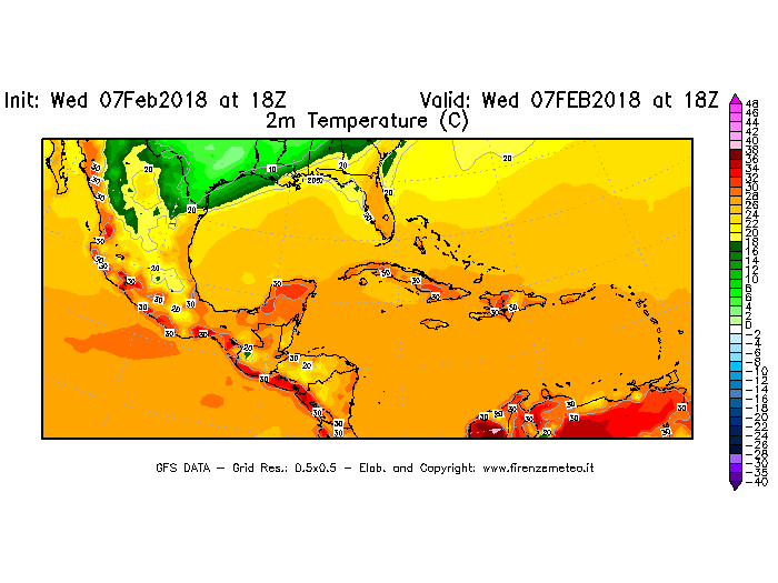 Mappa di analisi GFS - Temperatura a 2 metri dal suolo [°C] in Centro-America
							del 07/02/2018 18 <!--googleoff: index-->UTC<!--googleon: index-->