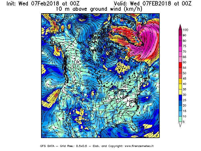 Mappa di analisi GFS - Velocità del vento a 10 metri dal suolo [km/h] in Nord-America
							del 07/02/2018 00 <!--googleoff: index-->UTC<!--googleon: index-->