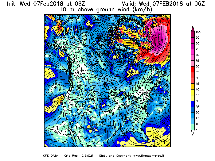 Mappa di analisi GFS - Velocità del vento a 10 metri dal suolo [km/h] in Nord-America
							del 07/02/2018 06 <!--googleoff: index-->UTC<!--googleon: index-->