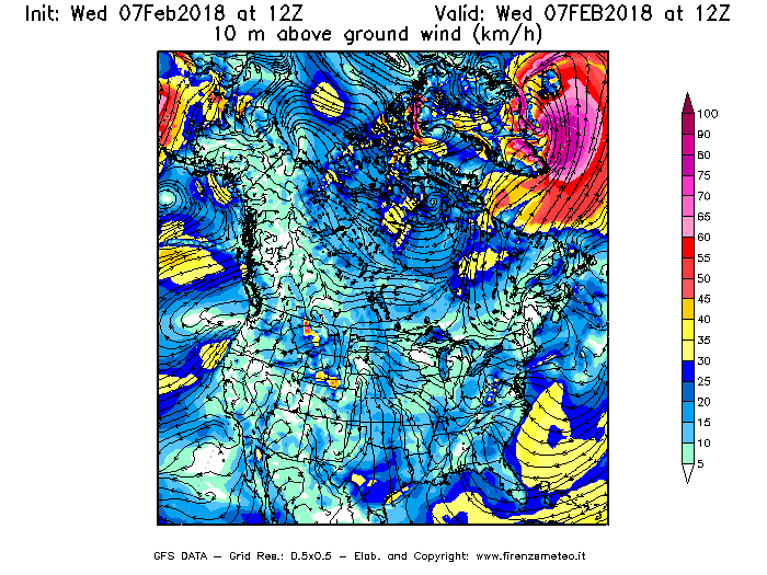 Mappa di analisi GFS - Velocità del vento a 10 metri dal suolo [km/h] in Nord-America
							del 07/02/2018 12 <!--googleoff: index-->UTC<!--googleon: index-->