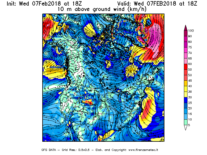 Mappa di analisi GFS - Velocità del vento a 10 metri dal suolo [km/h] in Nord-America
							del 07/02/2018 18 <!--googleoff: index-->UTC<!--googleon: index-->