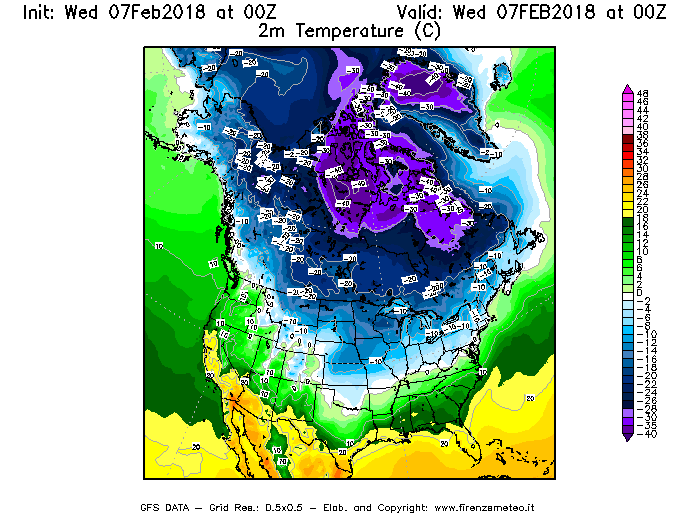 Mappa di analisi GFS - Temperatura a 2 metri dal suolo [°C] in Nord-America
							del 07/02/2018 00 <!--googleoff: index-->UTC<!--googleon: index-->