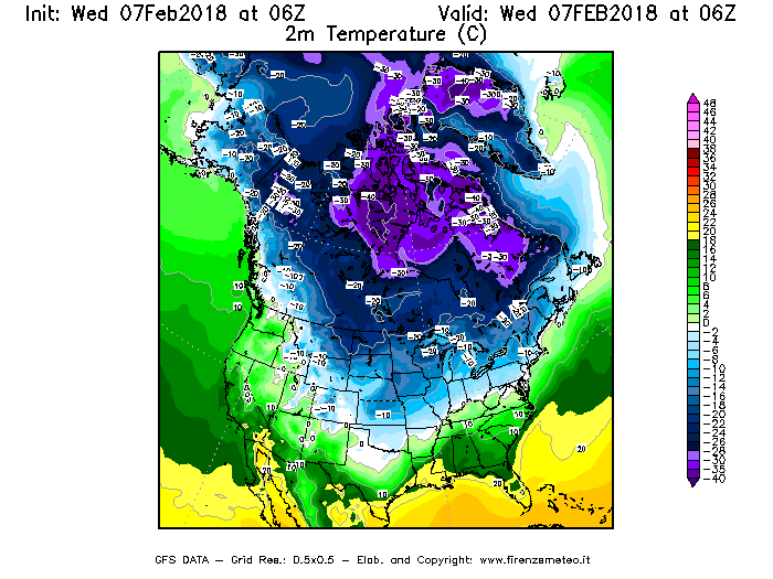 Mappa di analisi GFS - Temperatura a 2 metri dal suolo [°C] in Nord-America
							del 07/02/2018 06 <!--googleoff: index-->UTC<!--googleon: index-->