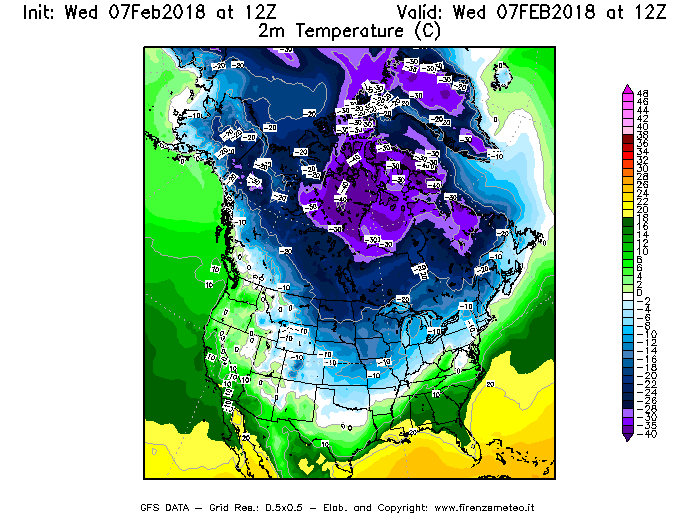 Mappa di analisi GFS - Temperatura a 2 metri dal suolo [°C] in Nord-America
							del 07/02/2018 12 <!--googleoff: index-->UTC<!--googleon: index-->