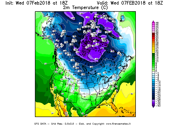 Mappa di analisi GFS - Temperatura a 2 metri dal suolo [°C] in Nord-America
							del 07/02/2018 18 <!--googleoff: index-->UTC<!--googleon: index-->