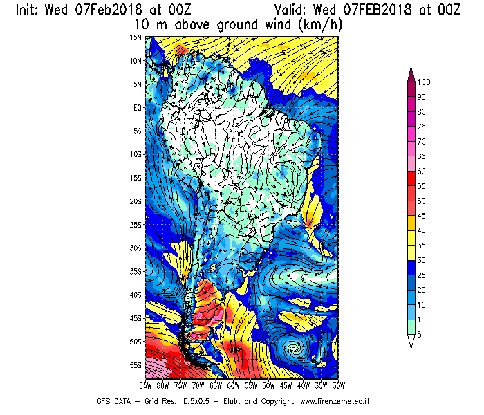 Mappa di analisi GFS - Velocità del vento a 10 metri dal suolo [km/h] in Sud-America
							del 07/02/2018 00 <!--googleoff: index-->UTC<!--googleon: index-->