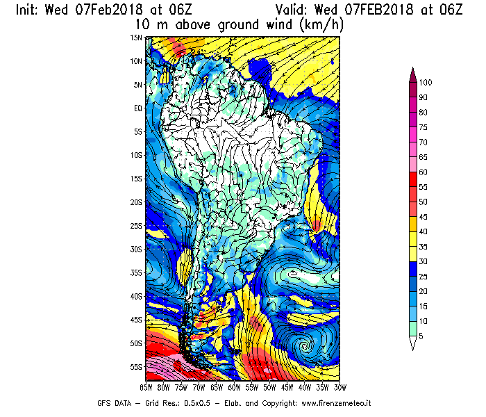 Mappa di analisi GFS - Velocità del vento a 10 metri dal suolo [km/h] in Sud-America
							del 07/02/2018 06 <!--googleoff: index-->UTC<!--googleon: index-->