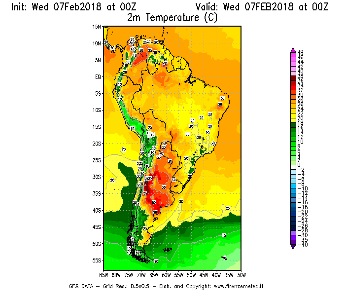 Mappa di analisi GFS - Temperatura a 2 metri dal suolo [°C] in Sud-America
							del 07/02/2018 00 <!--googleoff: index-->UTC<!--googleon: index-->